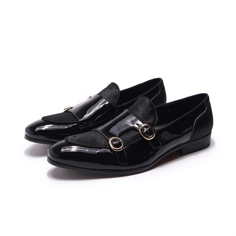 Black Gothic Double Buckle Patent Leather Loafers - Three-Quarter Front View with Gold Hardware