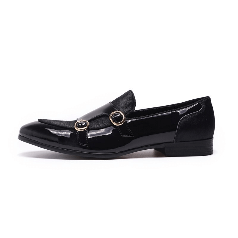 Black Gothic Double Buckle Loafers - Sleek Side Profile Slip-On Silhouette