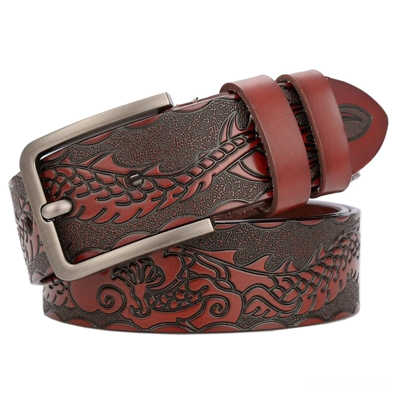 Adjustable gothic leather belt with ornate embossed pattern showcasing artisanal craftsmanship