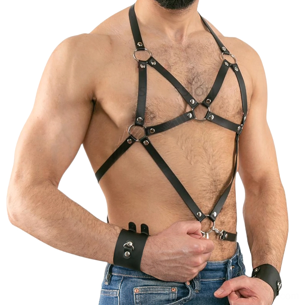 Adjustable black PU leather chest harness with waist extension strap, three-quarter view on model