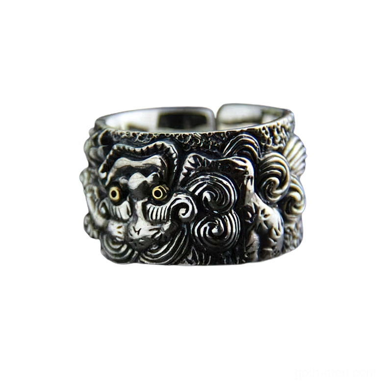 Foo dog mythical beast oxidized dark silver ring with detailed embossed carving close-up detail shot