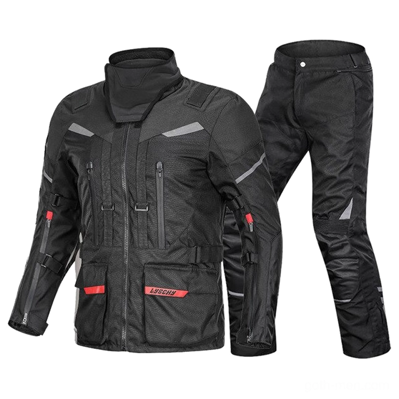 All-black moto riding suit with utility pockets and industrial tactical design flat lay