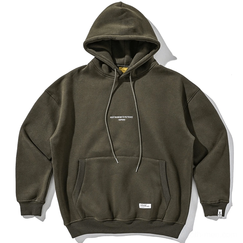 Olive green fleece hoodie flat lay displaying chest graphic and pocket construction