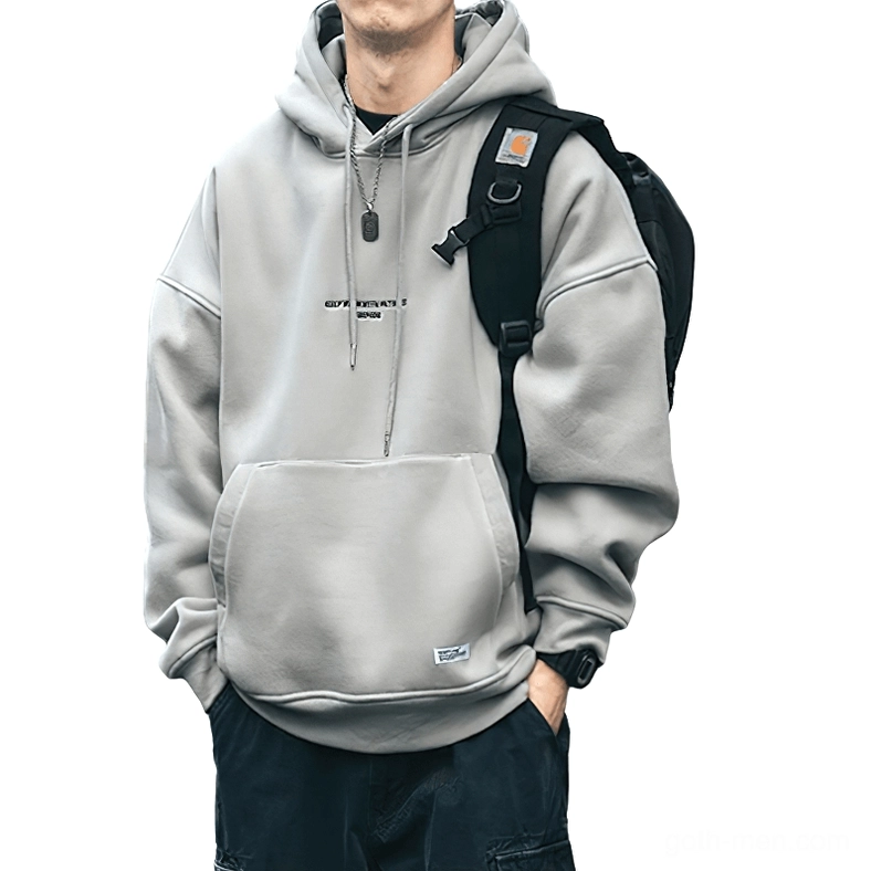 Light gray gothic hoodie with letter graphic and adjustable drawstring front view