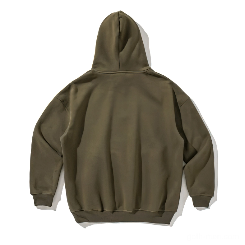 Olive green alternative fleece hoodie back view displaying ribbed cuffs and hem