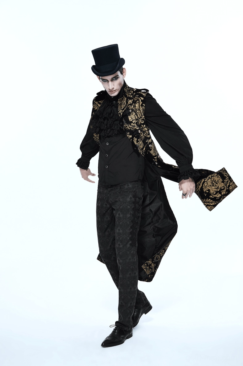 Alternative fashion men's sleeveless coat with ornate gold damask and stand collar design