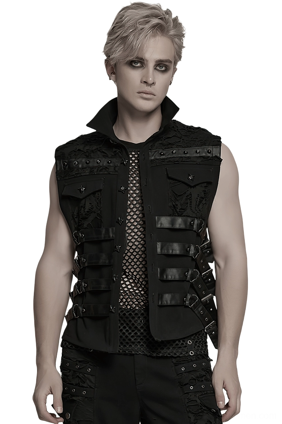 Armored cyberpunk gothic black vest front view on male goth model - distressed woven fabric with mesh underlay, leather buckle straps, and industrial details