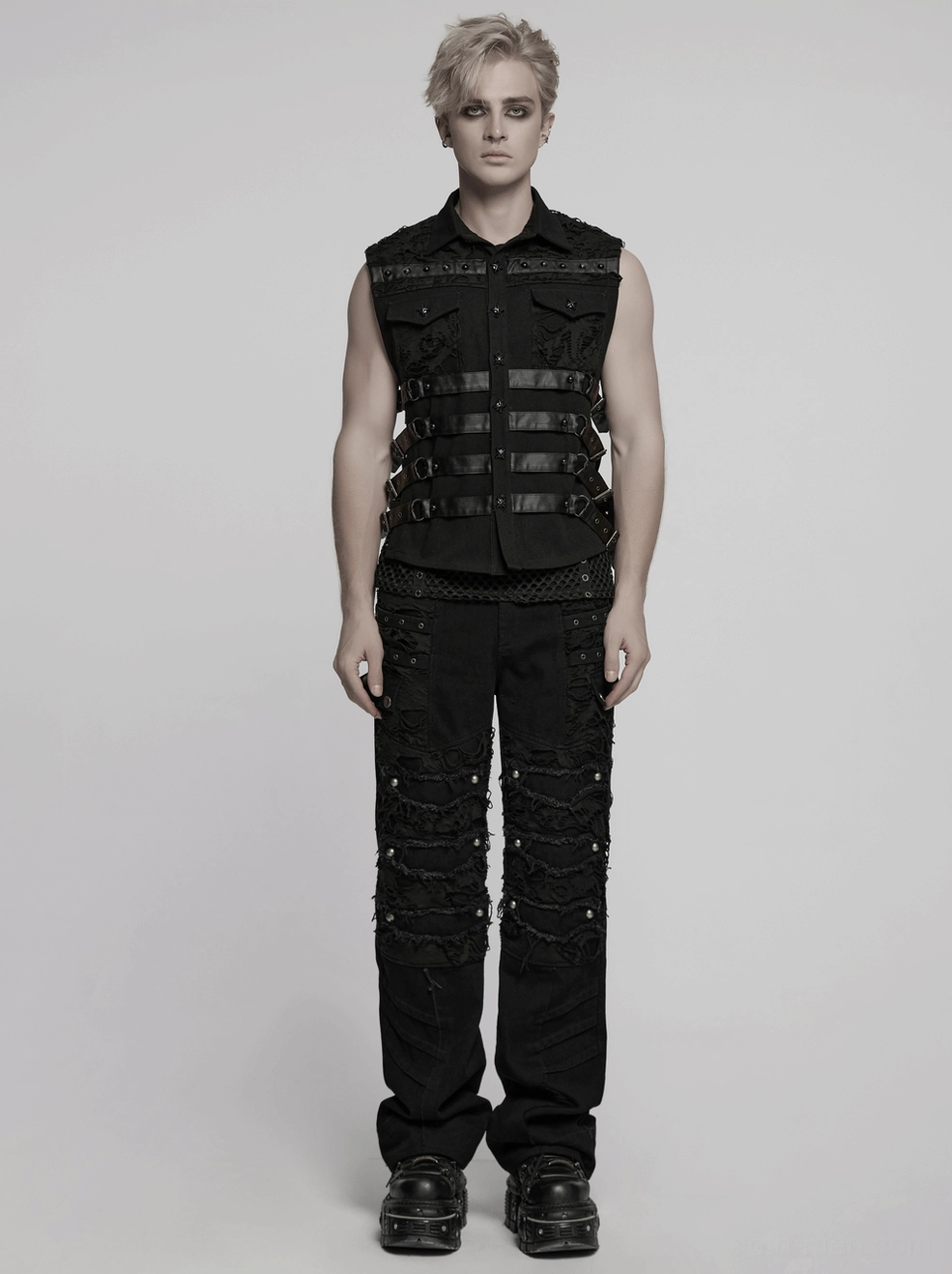 Cyberpunk gothic black vest styling detail - leather straps configuration, buckle placement, and overall fitted cut proportions on dark background