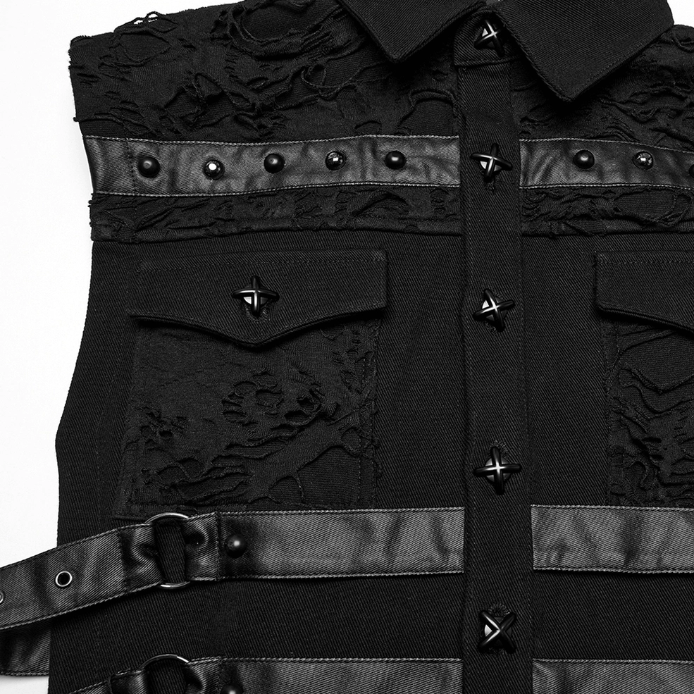 Close-up front detail of cyberpunk gothic vest - studded leather trim, star-shaped metal buttons, and distressed cotton-polyester pocket fabric