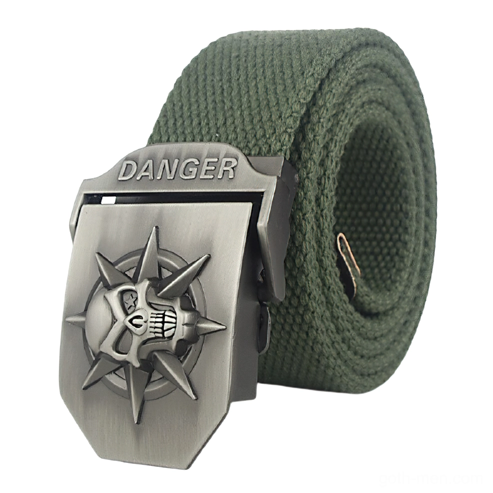 Army green canvas gothic belt with spiked skull DANGER buckle, military-inspired aesthetic