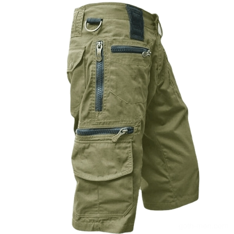 Army green durable cotton tactical cargo shorts with multiple zippered pockets, gothic military aesthetic
