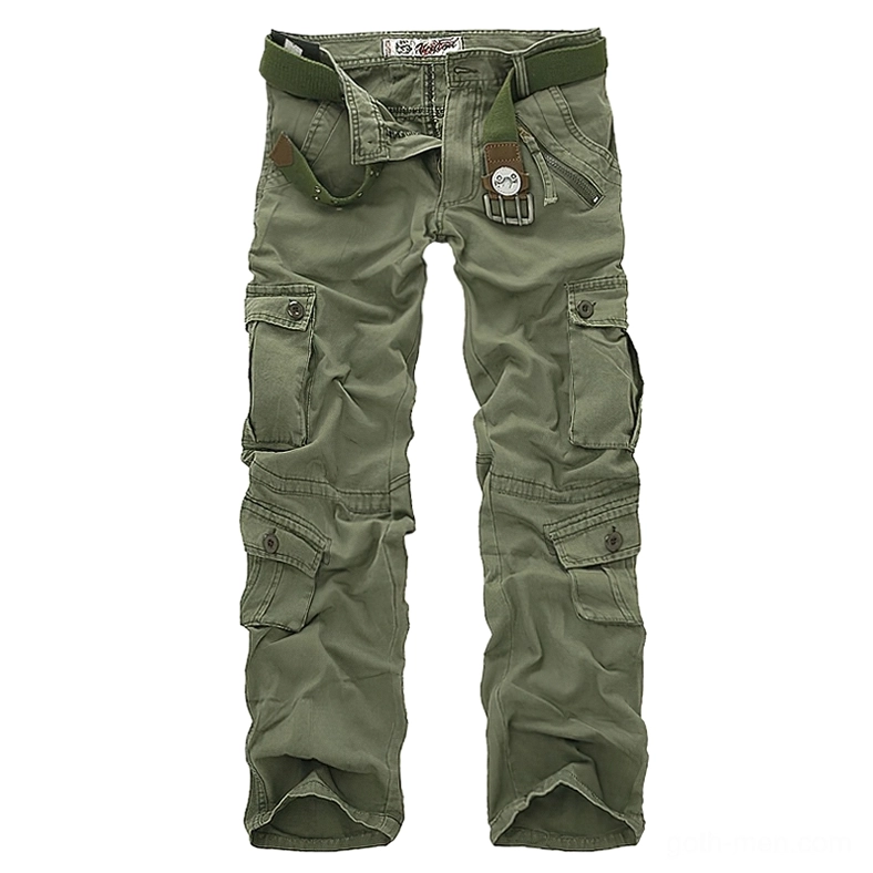 Army green military cargo pants flat lay front view with matching green belt - goth trousers multi flap pockets