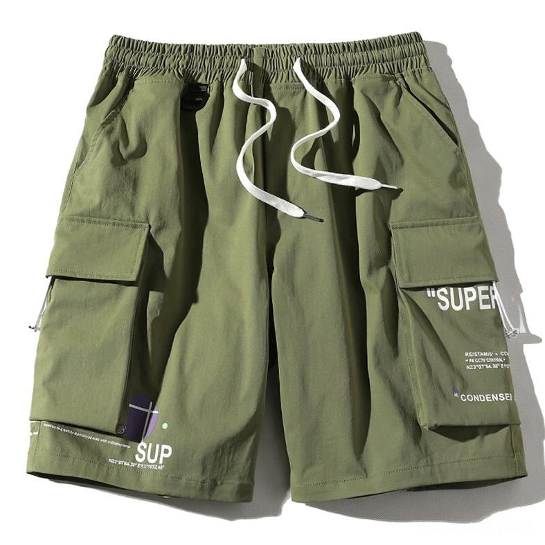 Army green gothic cargo shorts professional product photography - flat lay