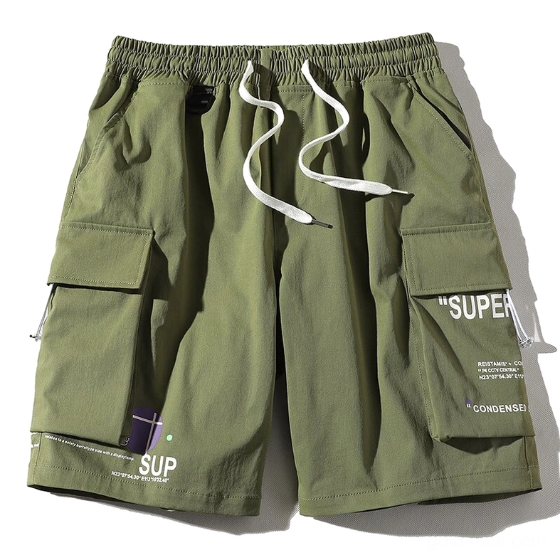 Army green men's cargo shorts with elastic waist and side pockets - flat lay studio shot