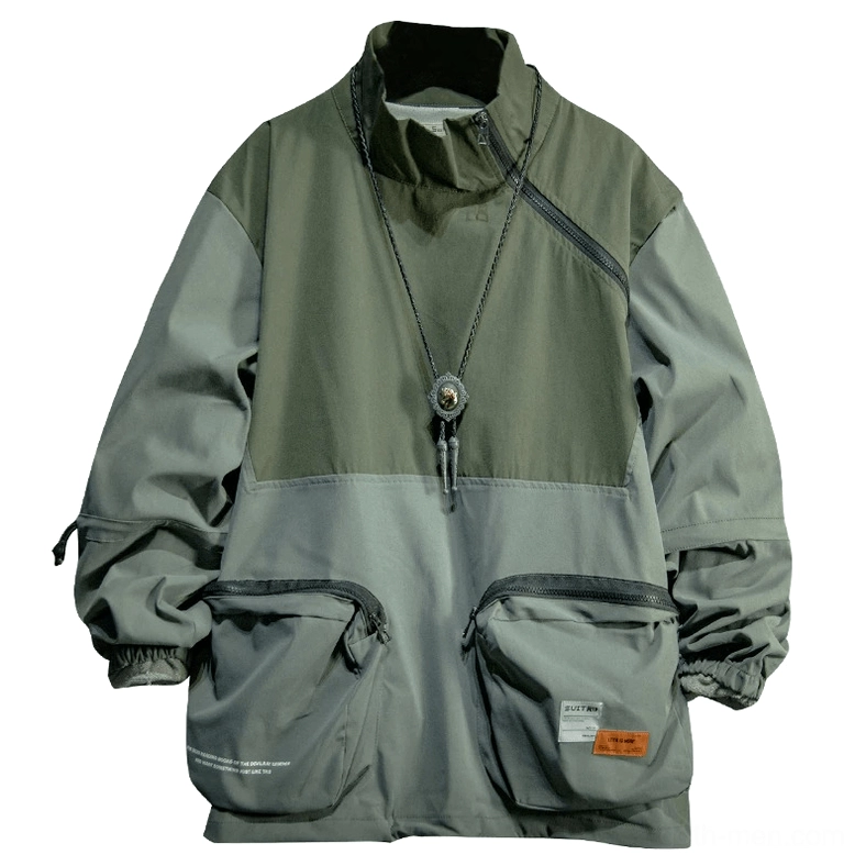Army green patchwork stand collar techwear jacket with color-block design and cargo pockets - front view