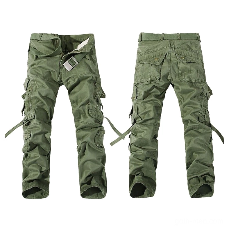 Army green tactical cargo trousers front and back flat view showing strategic pocket placement and belt loops