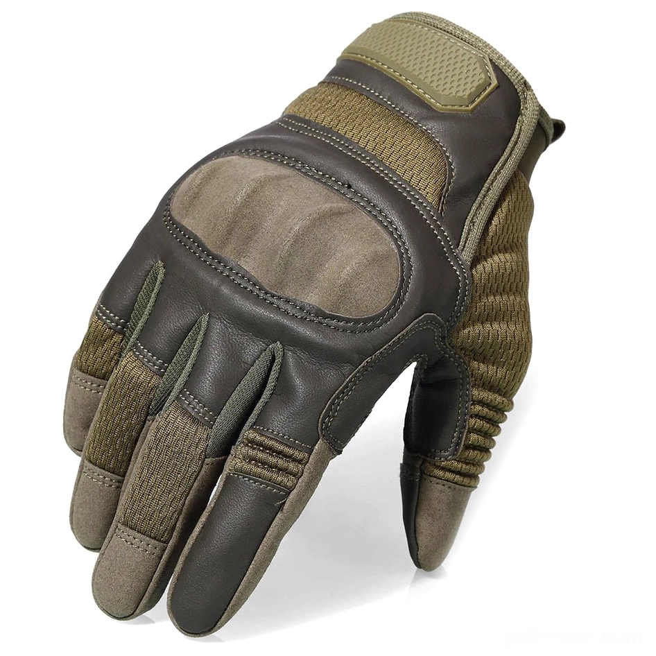 Army green tactical combat gloves with leather knuckle pad and mesh finger panels