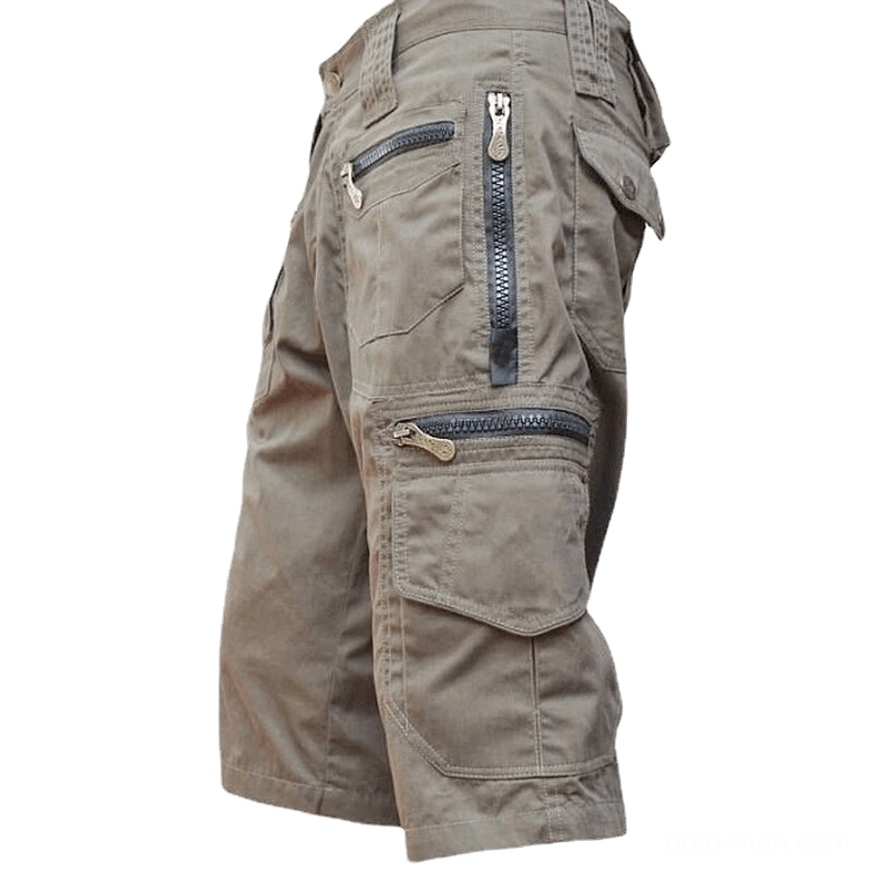 Light khaki army cargo shorts with side zipper pockets, gothic minimalist style right angle view