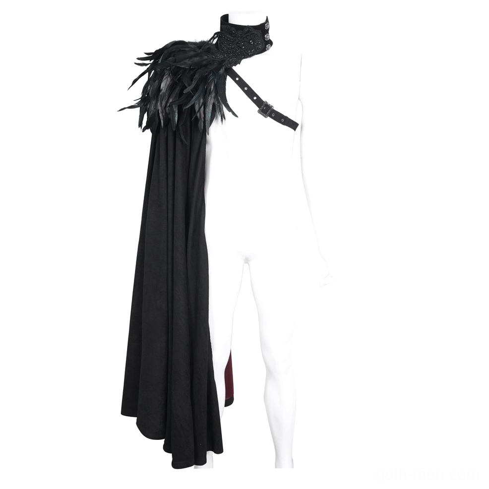 Mannequin display of asymmetric black feathered gothic cape, right front angle showing leather shoulder strap and feathered collar trim