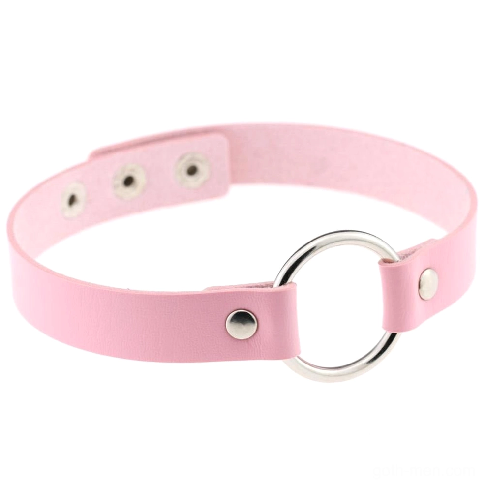Baby pink gothic choker featuring adjustable PU leather construction and lustrous zinc alloy O-ring accent