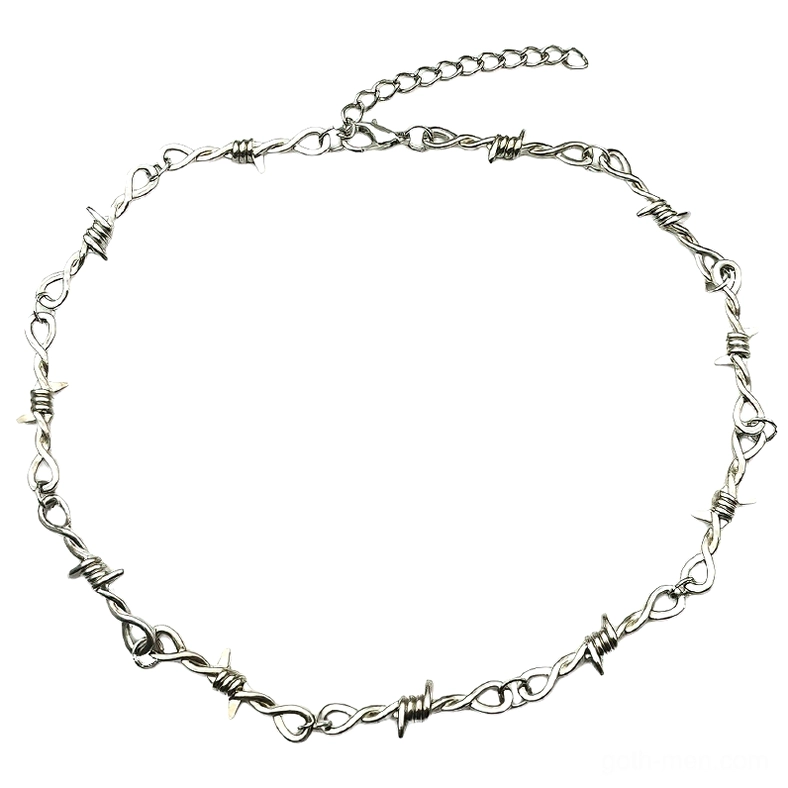 Barbed wire metal thorn chain choker necklace flat lay top-down view on white background, featuring adjustable extension chain and silver tone finish