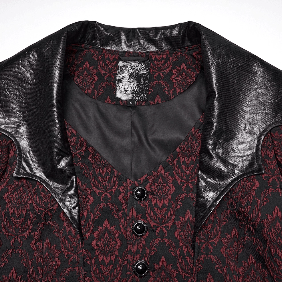 Close-up detail of bat wing collar with faux leather lapel and jacquard fabric pattern