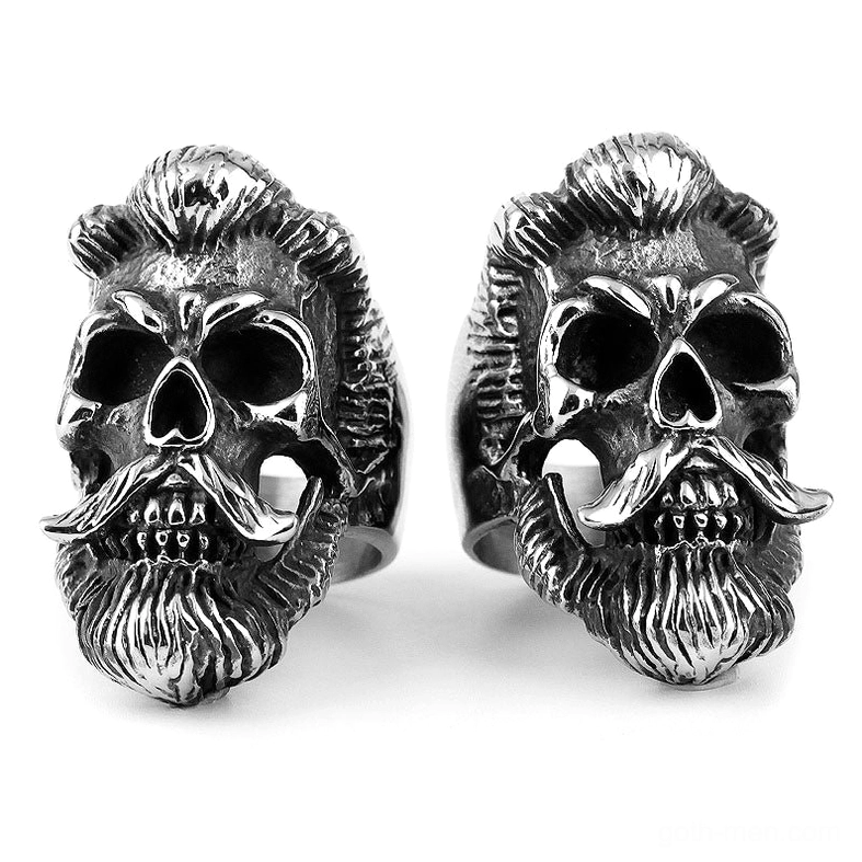 Two matching bearded skull gothic rings paired display vintage stainless steel 316L