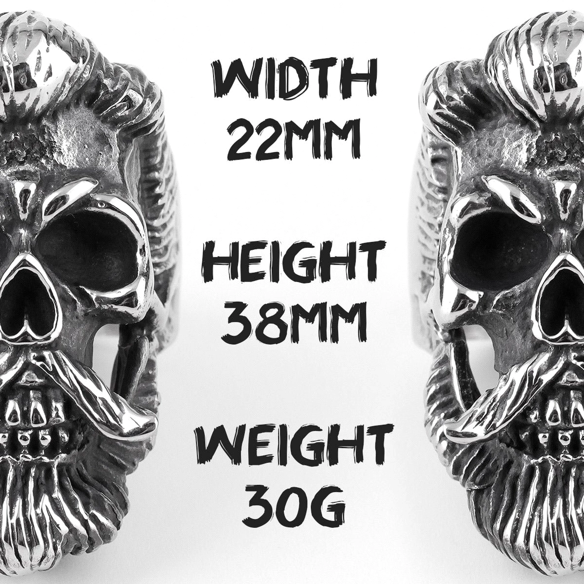 Bearded skull gothic cocktail ring close-up frontal view size weight specifications marked