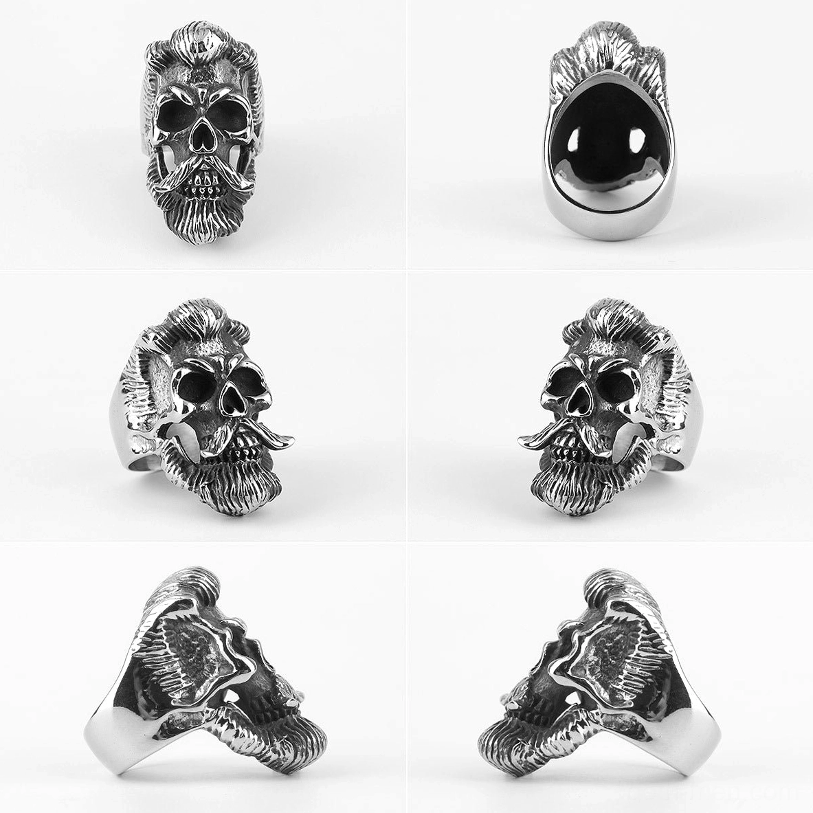 Bearded skull gothic ring multi-angle view front side back details carved mustache
