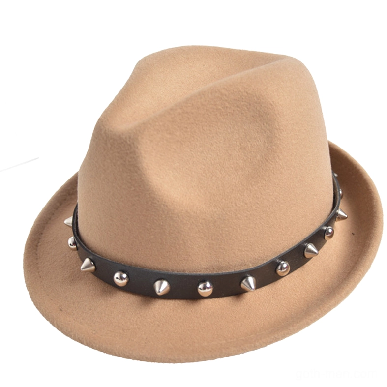 Beige khaki felt gothic fedora with studded leather band, steampunk alternative hat