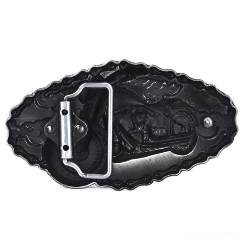 Rear view of metal belt buckle showing embossed motorcycle pattern, belt loop hardware and mounting studs for secure attachment