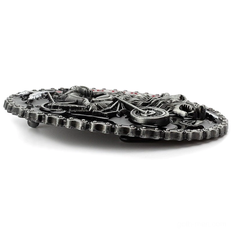 Side profile view of vintage belt buckle showing 3D embossed texture and rear belt fastener mechanism for gothic biker style