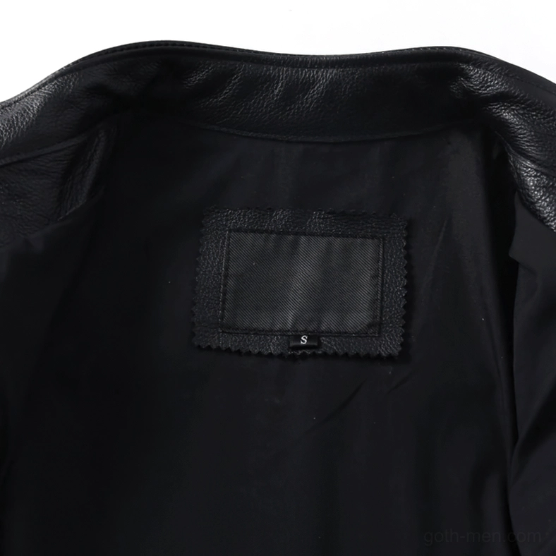 Interior cotton lining detail of black leather biker jacket showing size tag