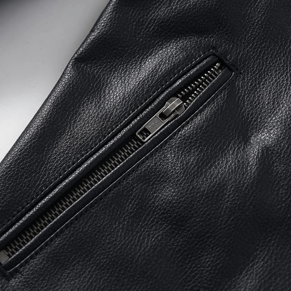 Vertical sleeve zipper pocket with stitched leather binding on men's biker jacket