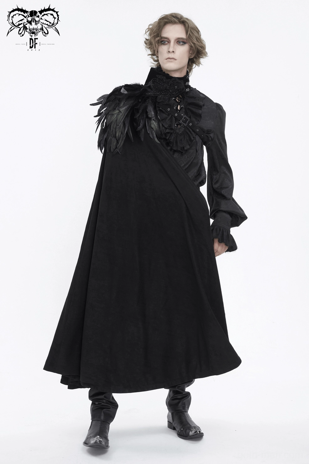 Full product shot of black feathered asymmetric gothic cape with leather strap, front-facing studio photography