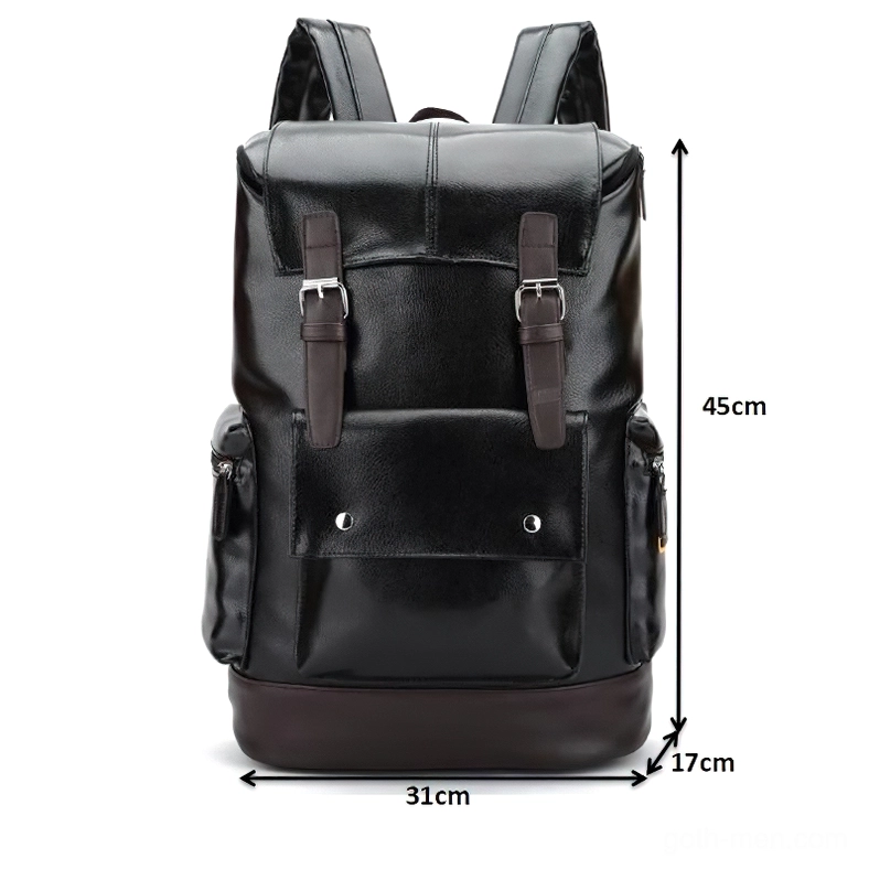 Black gothic backpack with size dimensions labeled 31x17x45cm for reference and proportional measurement