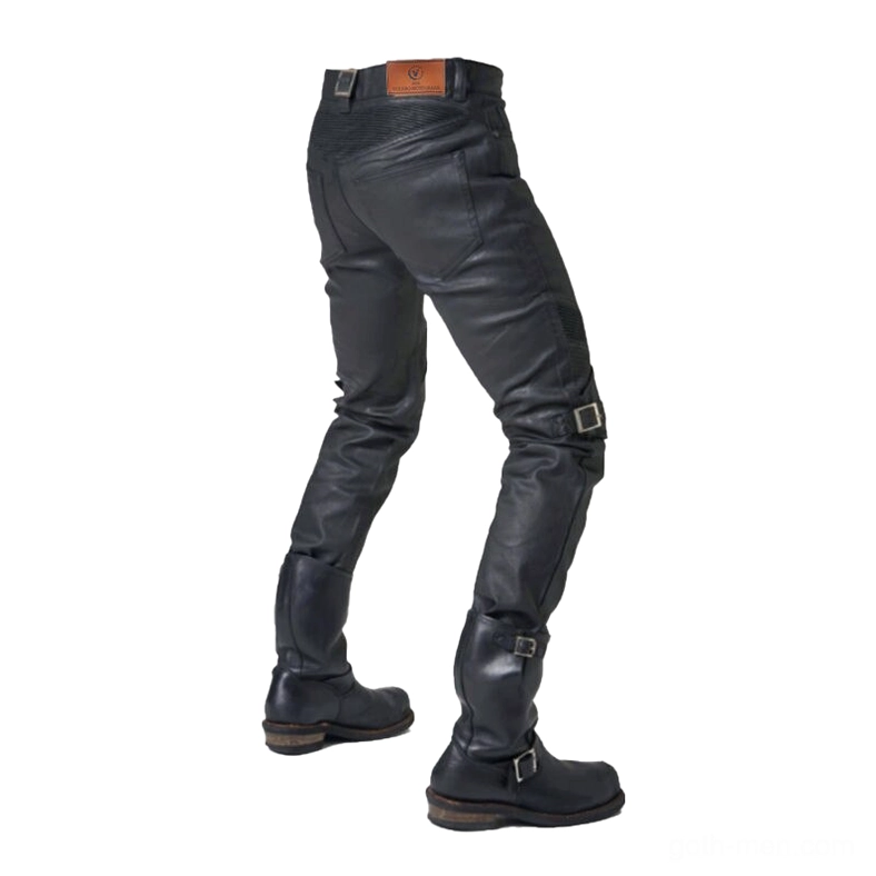 Black gothic motorcycle cargo pants rear three-quarter view - leather waist tab detail and rear knee buckle design