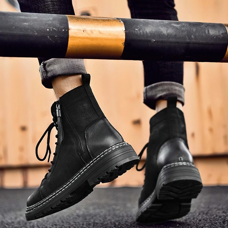 Black leather combat boots with dual lace-up and zipper system, detailed side view