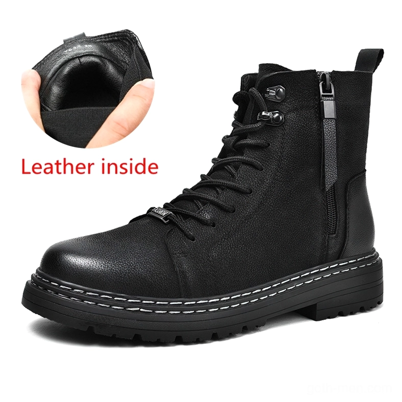 Black leather combat boots with leather inner lining and side zipper, left front angle
