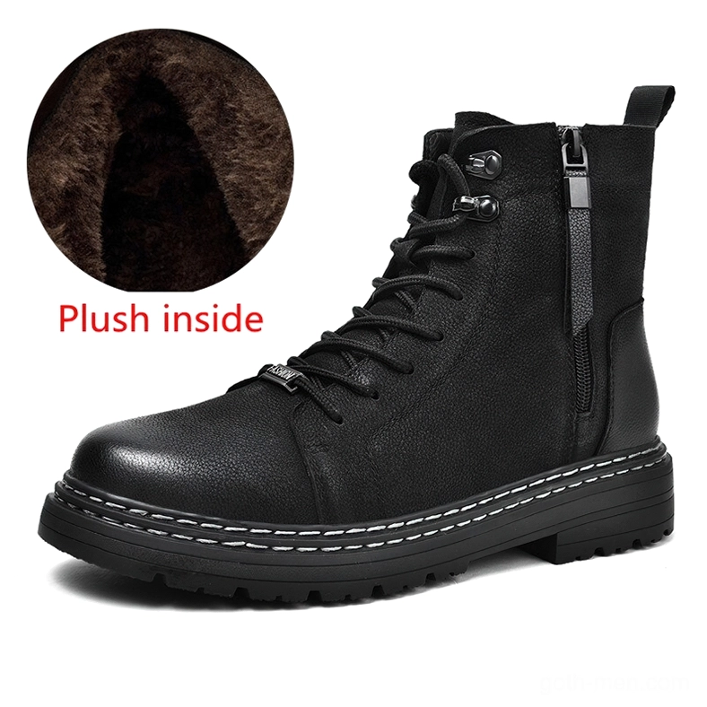 Black combat boots with plush inner lining and wear-resistant outsole, showing comfort features