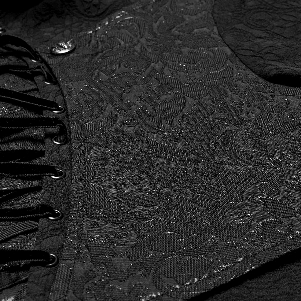 Black brocade damask fabric texture lace-up gothic shirt close-up