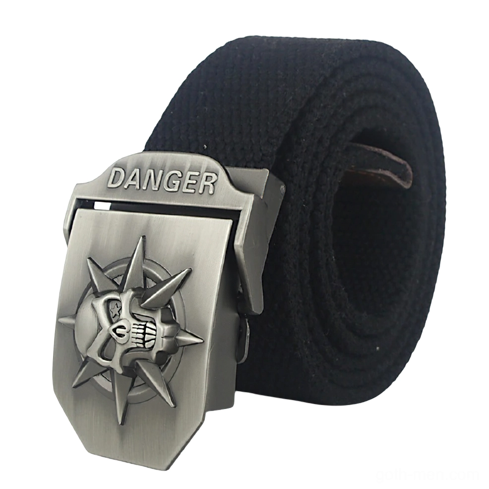 Black canvas gothic belt with silver spiked skull buckle engraved with DANGER text, front three-quarter view