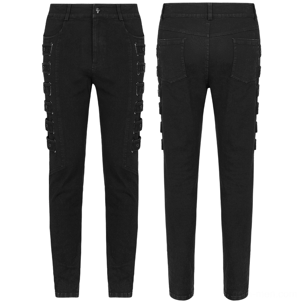 Flat lay front and rear view of black gothic cargo pants showing strap details and pocket construction