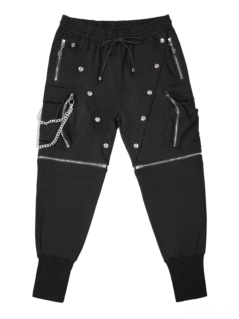 Flat lay front view of black gothic cargo pants with drawstring waist and metal button details