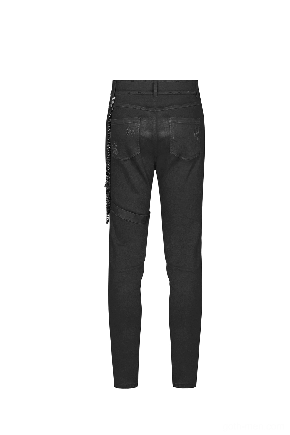 Black Gothic cargo pants back flat view, featuring thigh strap details and metal D-ring hardware