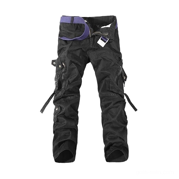 Black cargo trousers side flat lay featuring purple inner belt and multi-pocket system