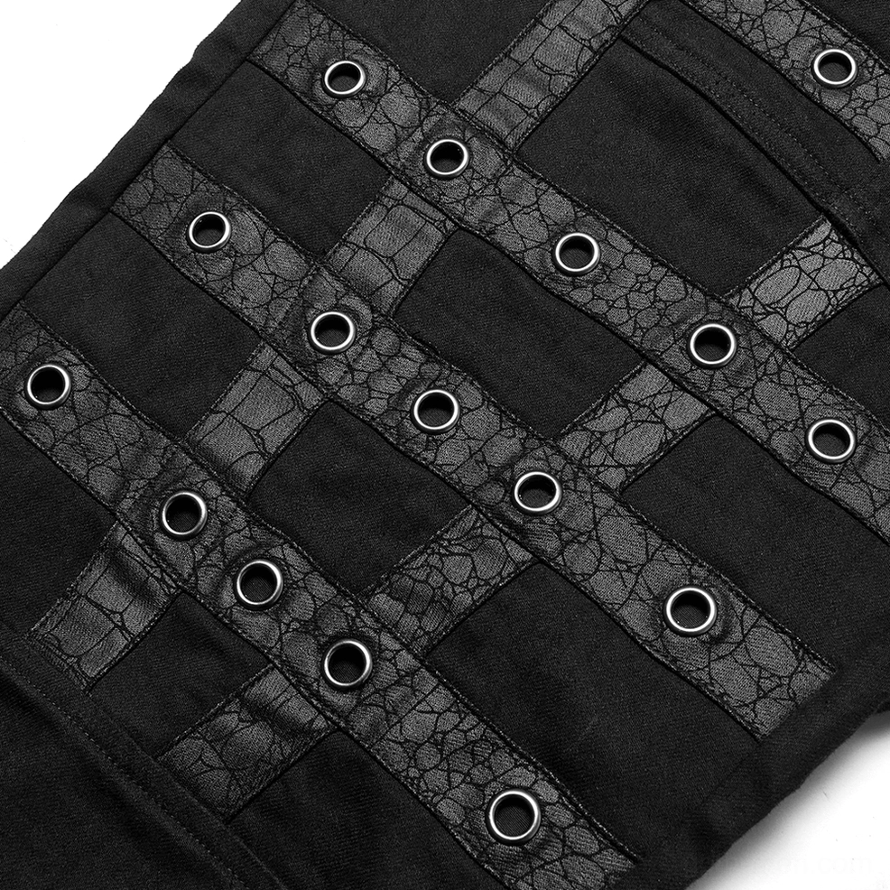 Alternative angle of black gothic cargo pants showing strap construction and grommet rivet details