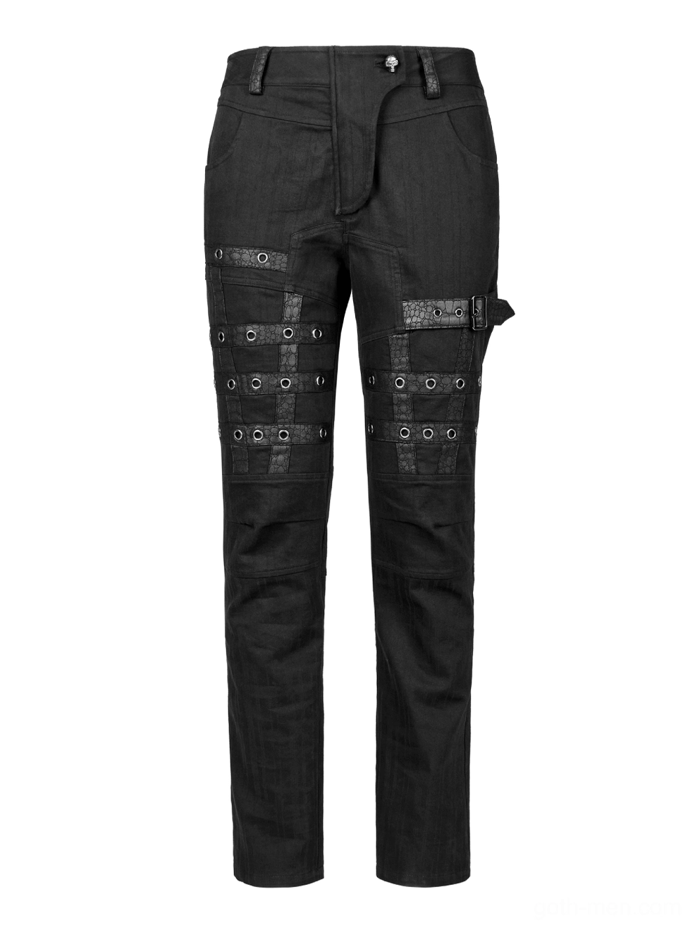 Full front flat lay of black gothic cargo pants highlighting industrial tool loop on right thigh
