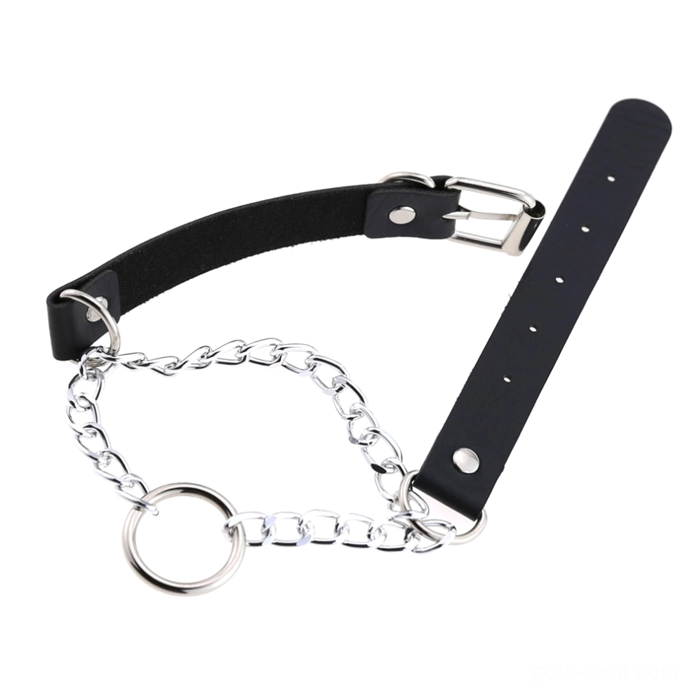 Black leather choker unfolded display showing metal pin buckle fastening, attached silver chains and O-ring pendant, gothic jewelry side view