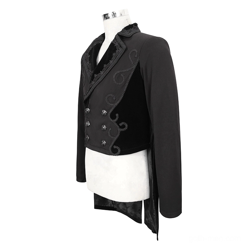 Black tail coat on dress form three-quarter front view with scroll embroidery and decorative tail hem detailing